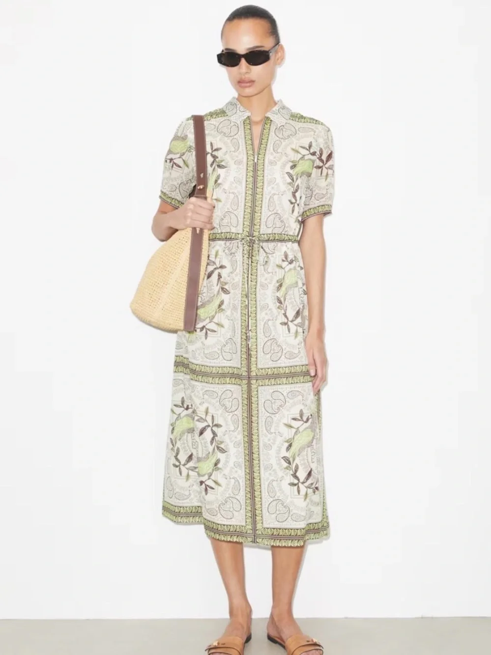 Tory Burch Cinched Cotton Zip Dress Mint Cockatoo Size Large Silk Blend
